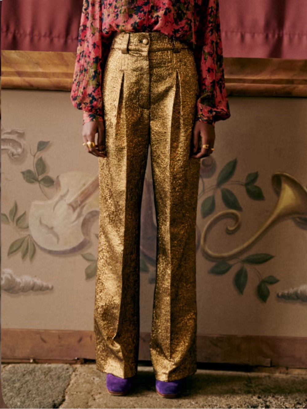 Sezane Theophile Trousers Royal Jacquard Gold Metallic Wide Leg Pants Sz 6 FR 38